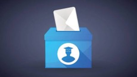 Illustration of a blue ballot box with a student